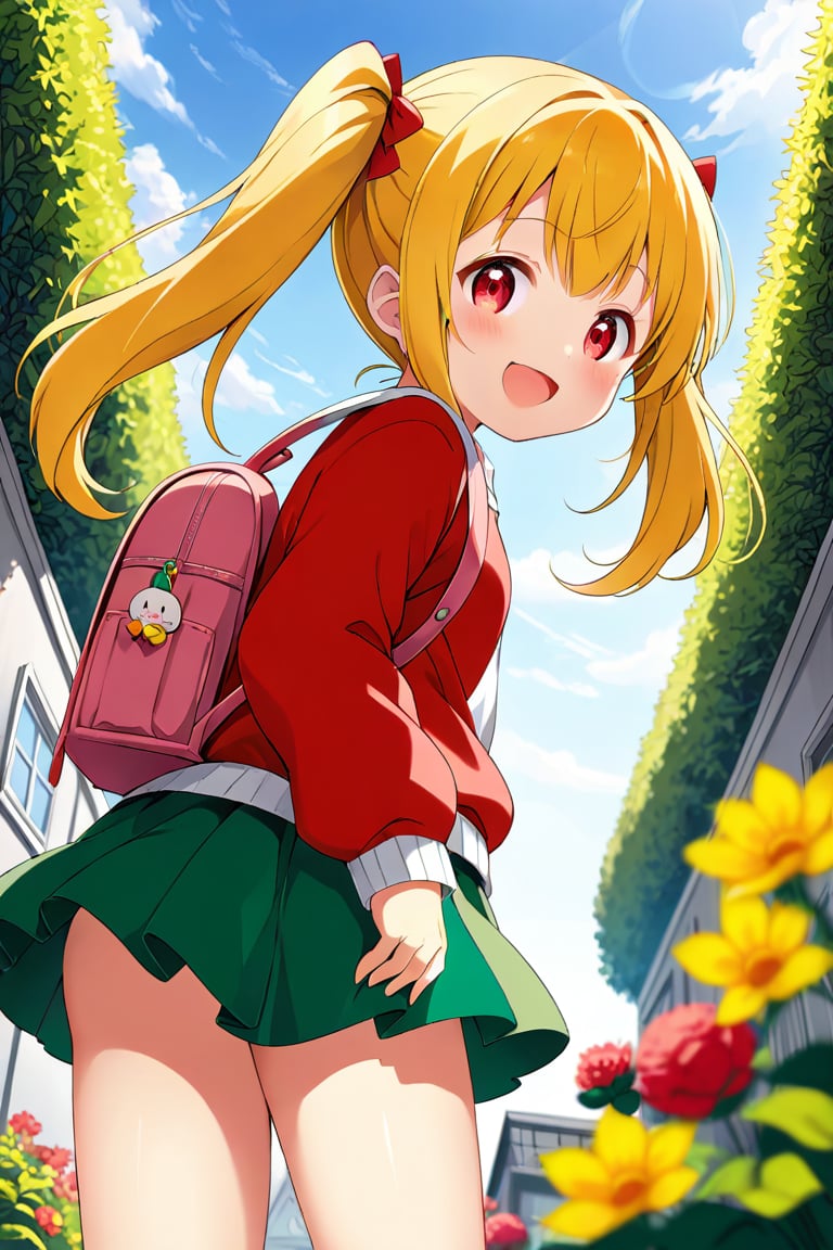 loli, happy face, yellow hair, red_eyes, twintails, down_view, gray garden, green skirt, white shirt, red sweater, pink backpack, 