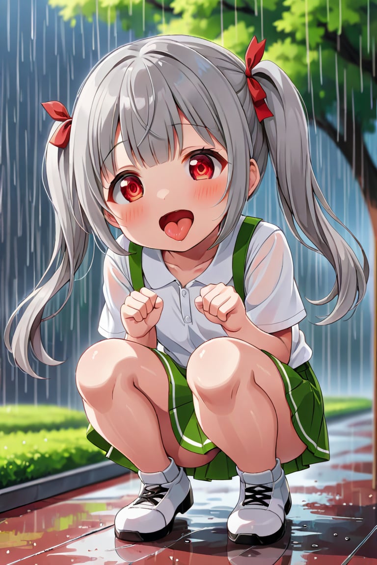 loli , happy face, twintails, gray hair, red_eyes, up_view, rain park, white shirt, green skirt, squatting, sticking_out_tongue, 