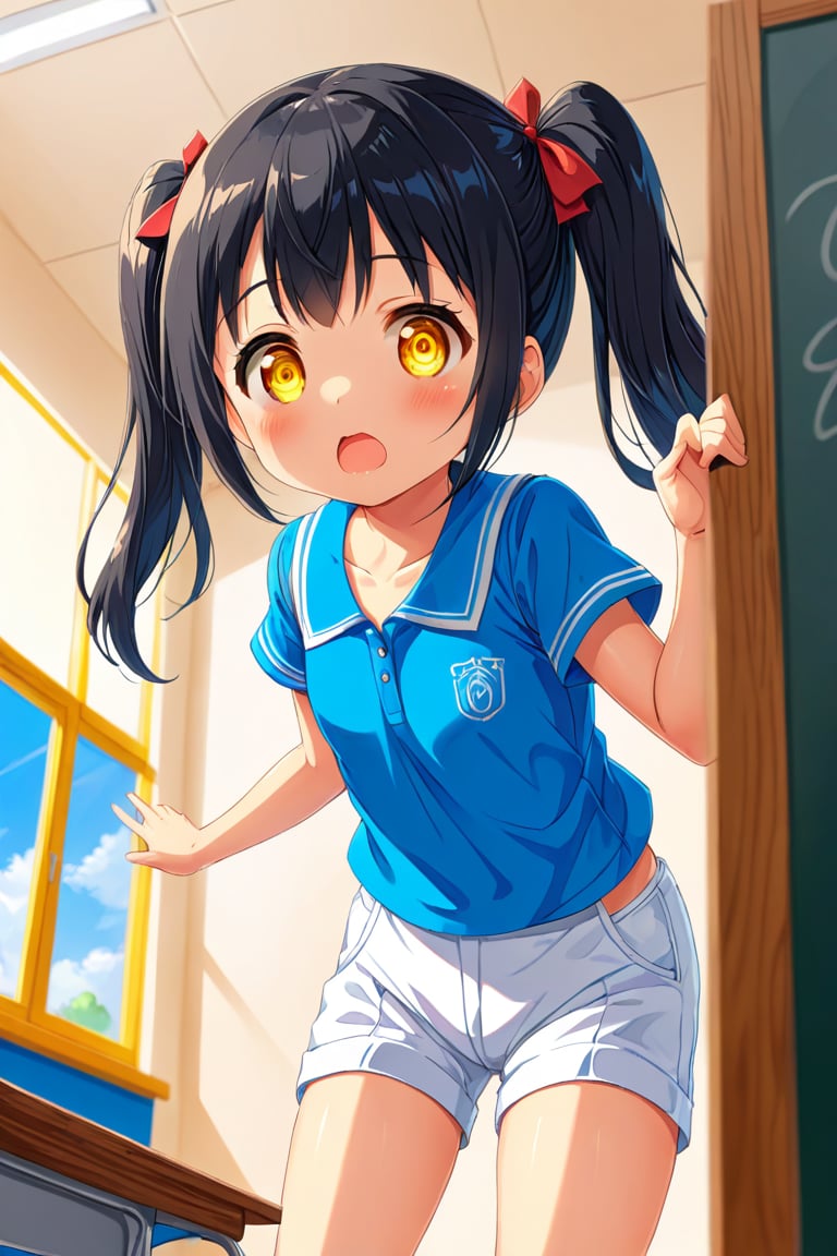 loli , surprise face, black hair, yellow_eyes, twintails, down_view, classroom, blue shirt, white shorts, climbing