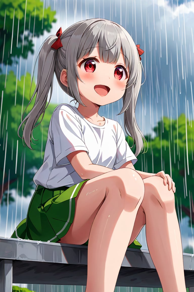 loli , happy face, twintails, gray hair, red_eyes, down_view, rain park, white shirt, green skirt, sitting, sticking_out_tongue, 