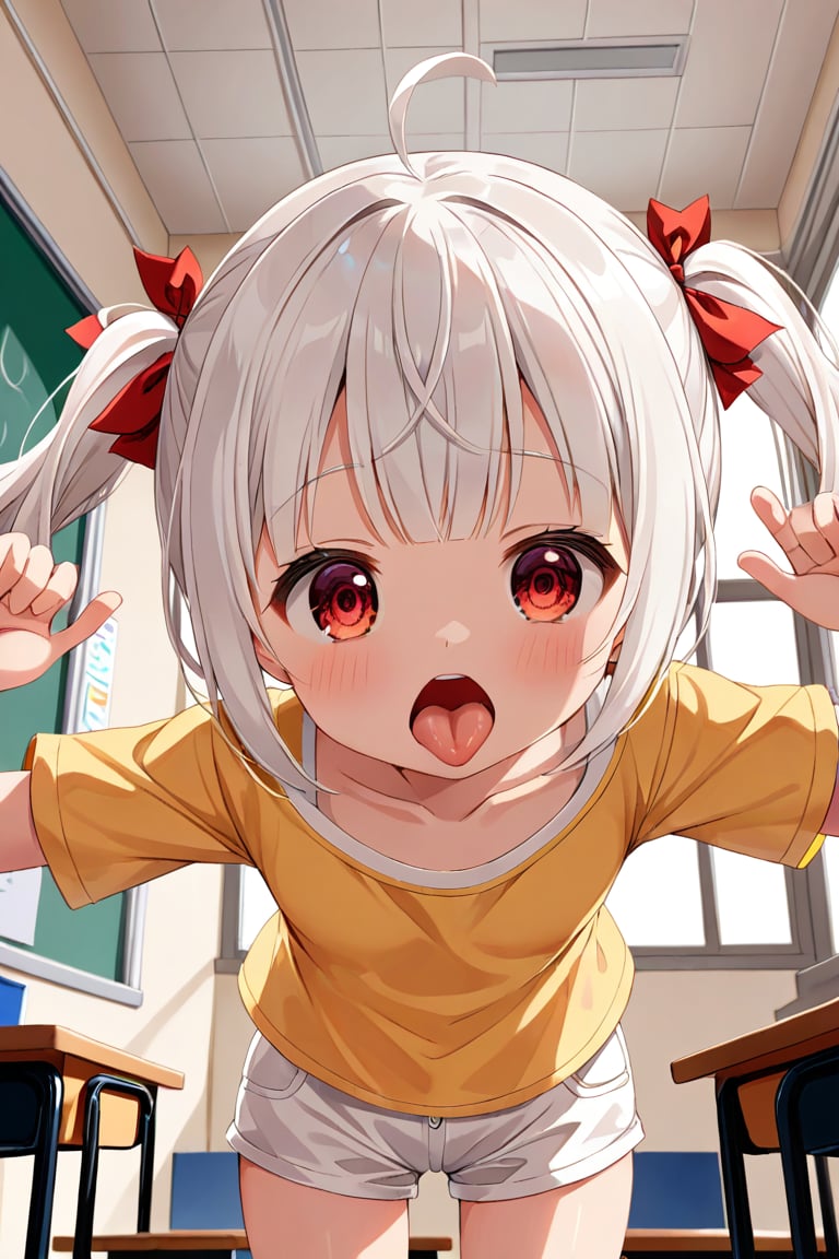 loli , surprise face, white hair, red_eyes, twintails, down_view, classroom, yellow shirt, white shorts, sticking_out_tongue, hands_raised