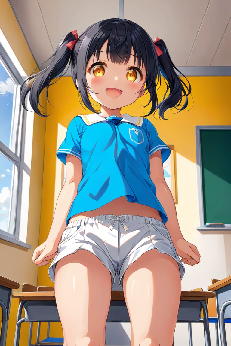 loli , happy face, black hair, yellow_eyes, twintails, down_view, classroom, blue shirt, white shorts, 