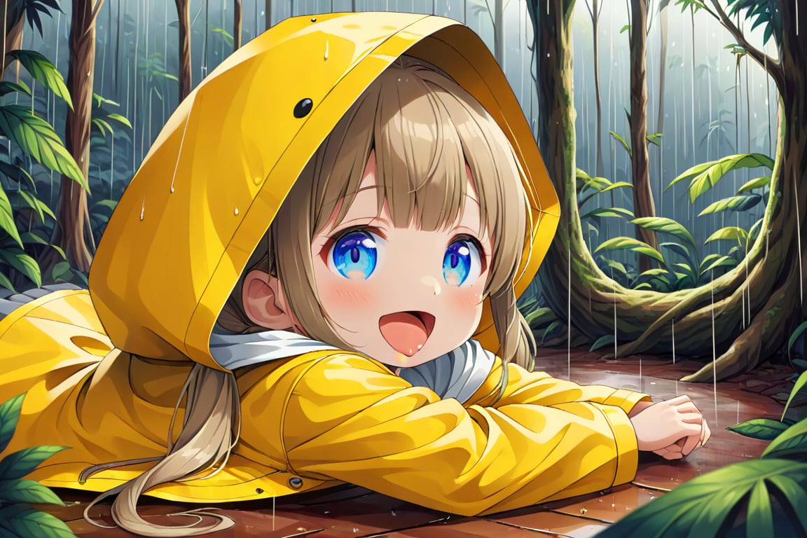 loli , happy face, twintails, yellow brown hair, blue_eyes, side_view, rain forest, white shirt, gray skirt, yellow raincoat, sticking_out_tongue, lying up