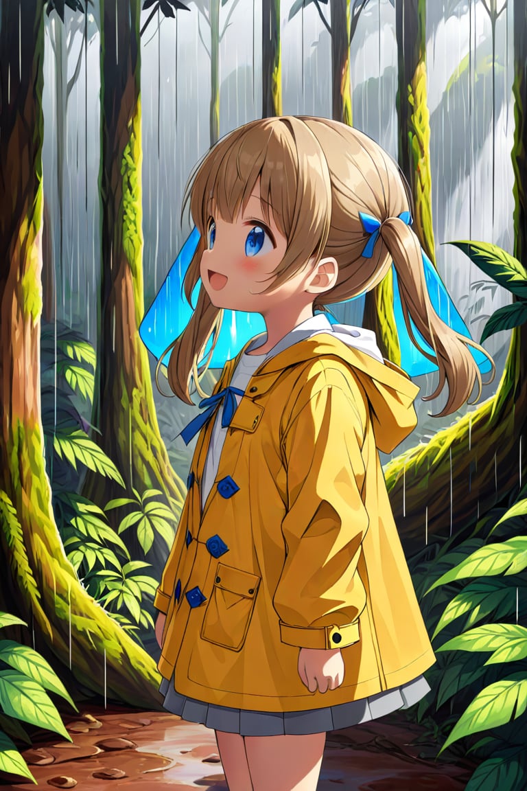 loli , happy face, twintails, yellow brown hair, blue_eyes, side_view, rain forest, white shirt, gray skirt, yellow raincoat