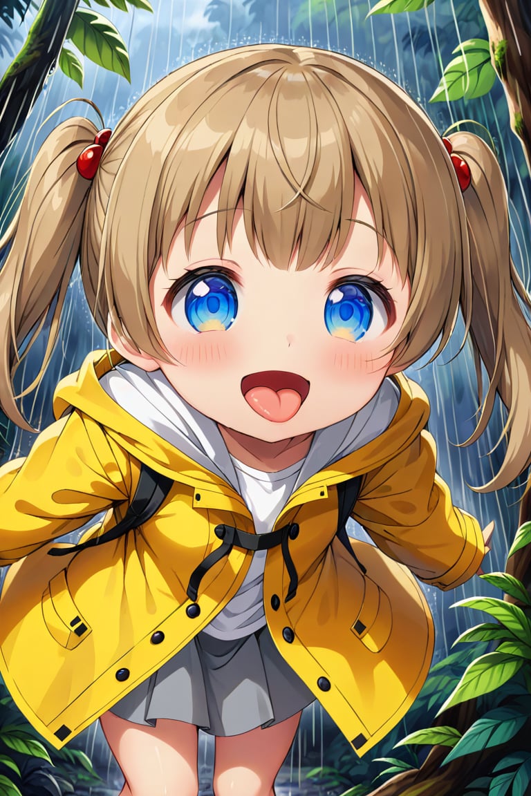 loli , happy face, twintails, yellow brown hair, blue_eyes, down_view, rain forest, white shirt, gray skirt, yellow raincoat, sticking_out_tongue