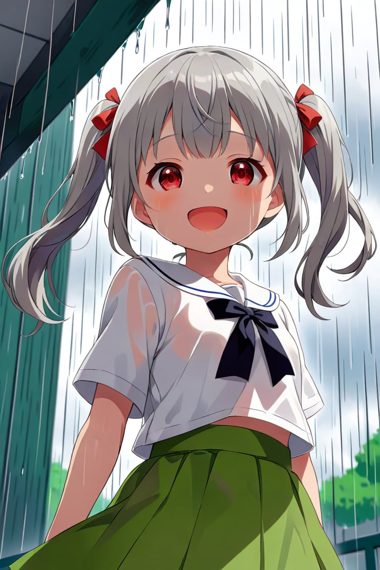 loli , happy face, twintails, gray hair, red_eyes, down_view, rain park, white shirt, green skirt,