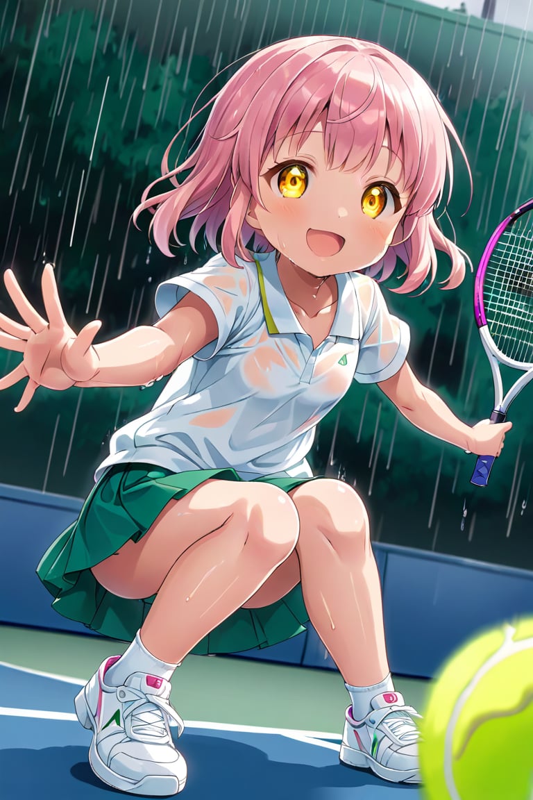 loli , happy face, pink hair, yellow_eyes, down_view, rain tennis, white shirt, green skirt, white shoes, niples