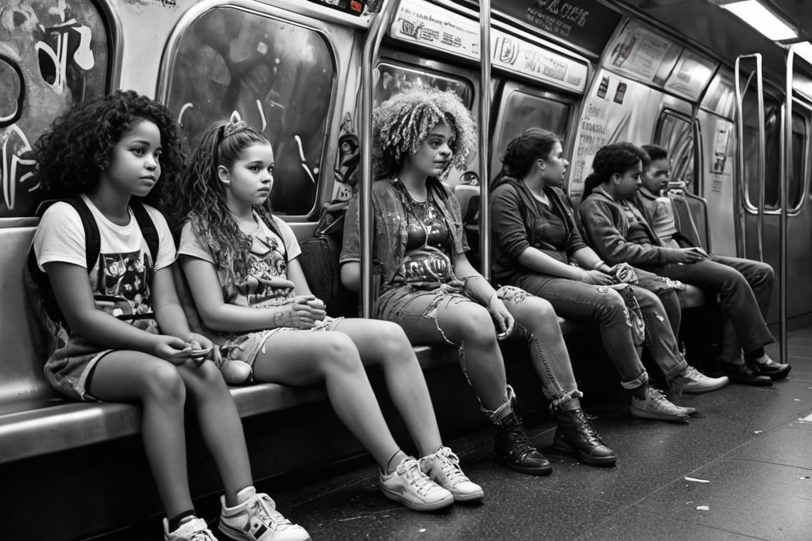 Black and white drawing, realistic, a twenty-year-old girl, sitting with children with curly hair, clown, curly hair, chains, (((splashes of neon colors))), neon colors, sitting on a rest seat in the subway.