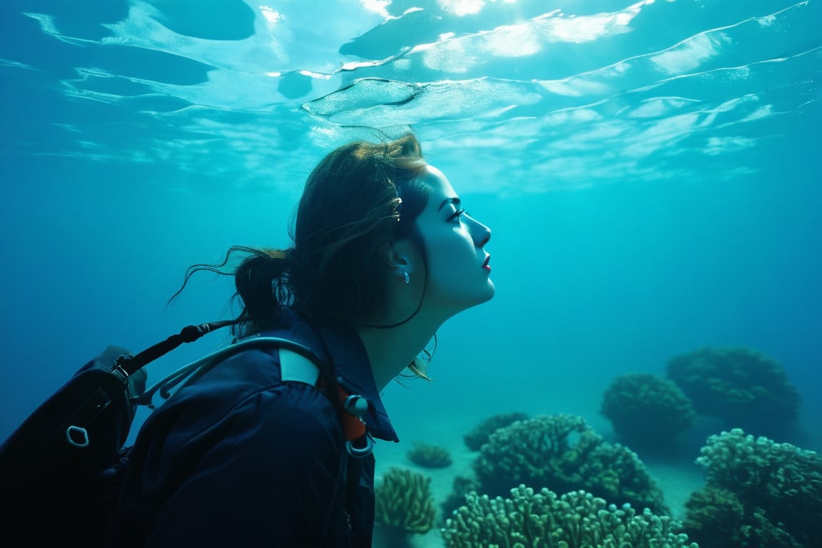 A diver takes a photograph inside the Mariana Trench