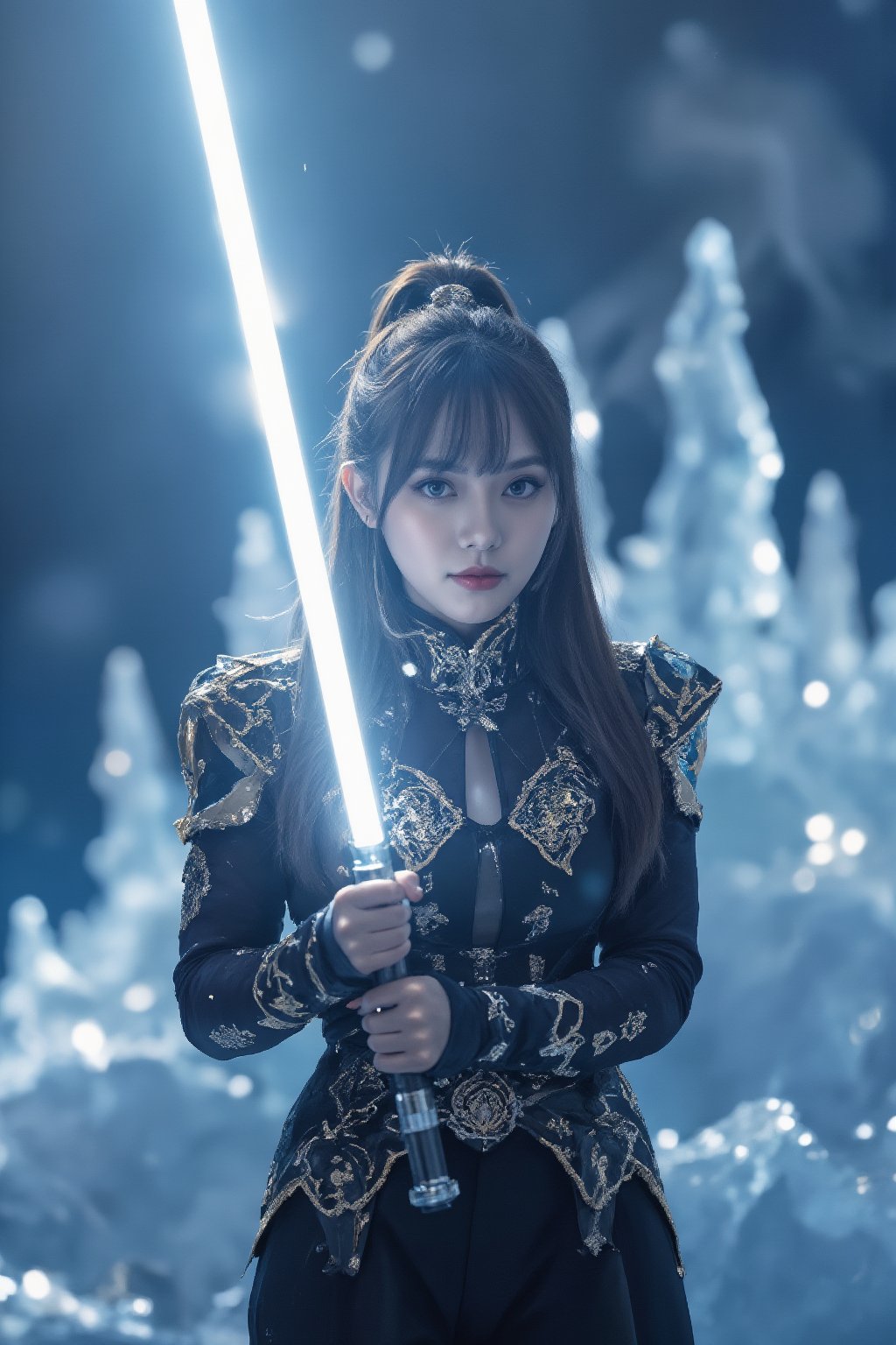 Dòu Bàn Jiàng, beautiful girl with very long hair and bangs holds a white lightsaber frozen in an ice crystal cave at dusk. The scene is captured from a low angle, highlighting the elaborate mechanical details of her attire. Soft blue lighting creates shimmering reflections on the ice surfaces, with subtle steam emphasizing the cold atmosphere. The background features towering ice formations, all blurred to accentuate the main subject's stillness. The darkening sky enhances the overall mysterious atmosphere.

(1.6-1) d S = δ Q rev T::0.2 Dòu Bàn Jiàng::0.8 ice crystal cave --s cinematic,Lightsaberpose,IceElement,IceFros.