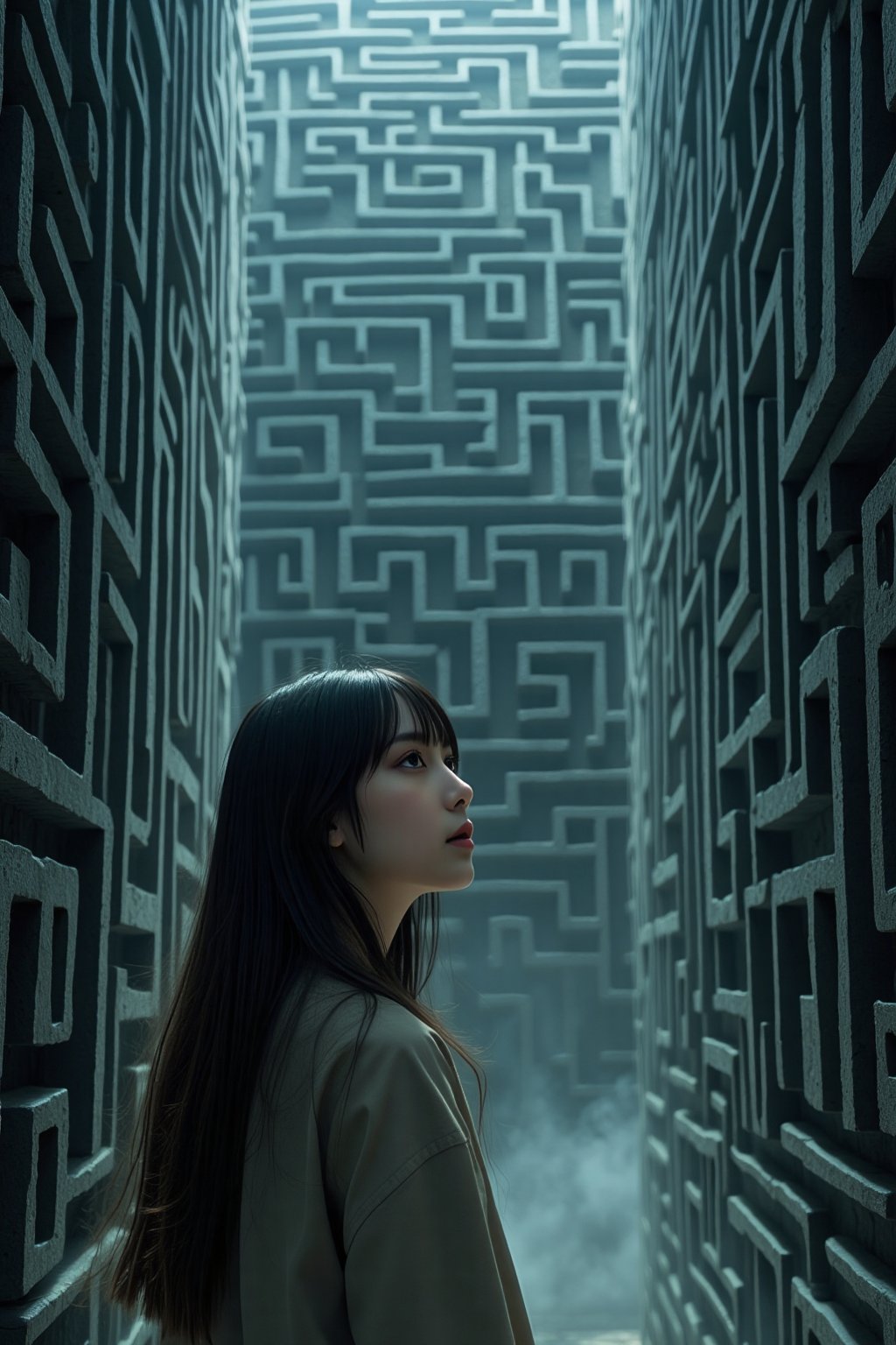 A beautiful girl named Dòu Bàn Jiàng,  with very long hair and bangs,  walking in confusion through a highly deceptive maz...