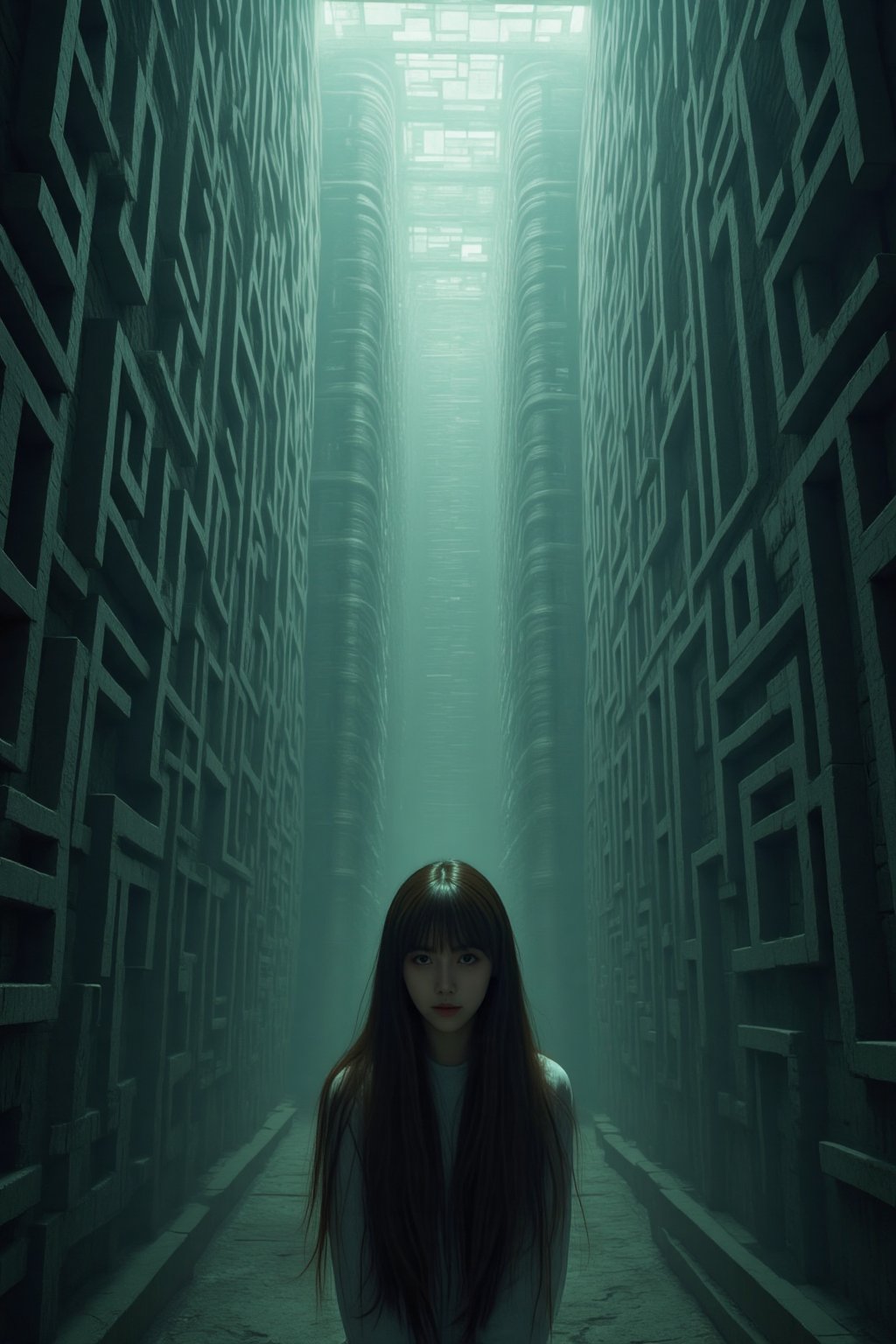 A beautiful girl named Dòu Bàn Jiàng,  with very long hair and bangs,  walking in confusion through a highly deceptive maz...