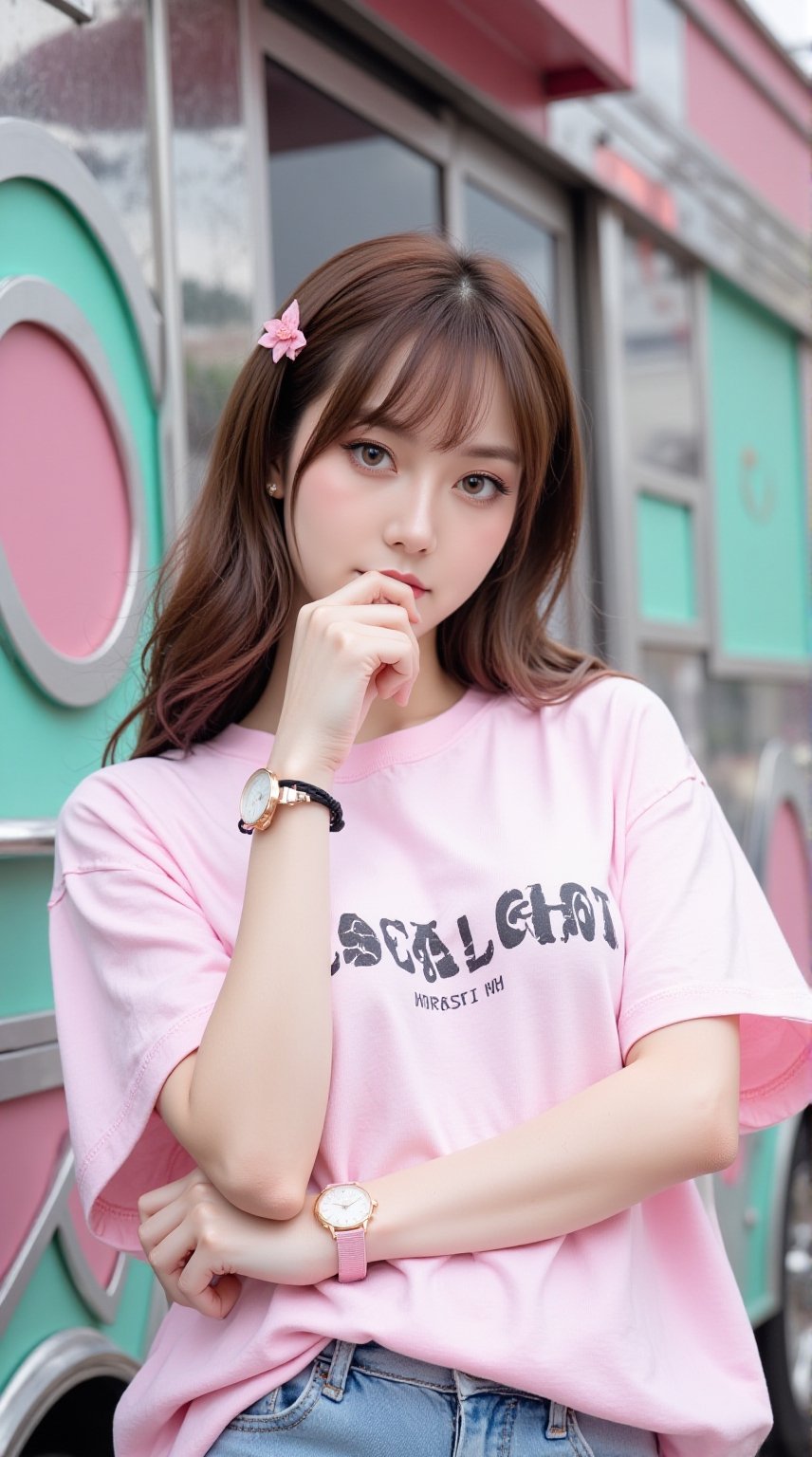 Full body portrait of Dòu Bàn Jiàng a young Chinese woman stands outdoors in a pastel-toned urban setting,  exuding a soft...