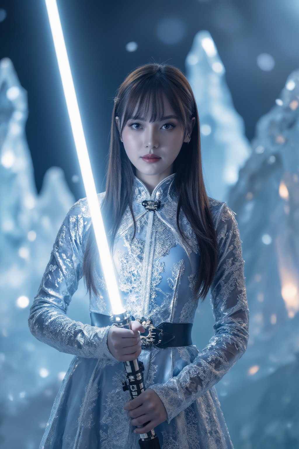 Dòu Bàn Jiàng, beautiful girl with very long hair and bangs holds a white lightsaber frozen in an ice crystal cave at dusk. The scene is captured from a low angle, highlighting the elaborate mechanical details of her attire. Soft blue lighting creates shimmering reflections on the ice surfaces, with subtle steam emphasizing the cold atmosphere. The background features towering ice formations, all blurred to accentuate the main subject's stillness. The darkening sky enhances the overall mysterious atmosphere.

(1.6-1) d S = δ Q rev T::0.2 Dòu Bàn Jiàng::0.8 ice crystal cave --s cinematic,Lightsaberpose,IceElement,IceFros.