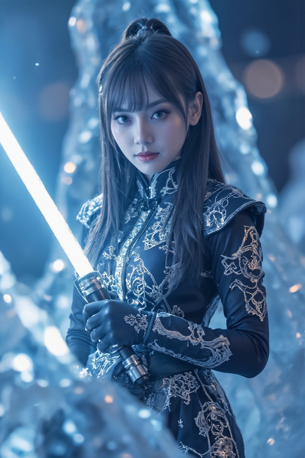 Dòu Bàn Jiàng, beautiful girl with very long hair and bangs holds a white lightsaber frozen in an ice crystal cave at dusk. The scene is captured from a low angle, highlighting the elaborate mechanical details of her attire. Soft blue lighting creates shimmering reflections on the ice surfaces, with subtle steam emphasizing the cold atmosphere. The background features towering ice formations, all blurred to accentuate the main subject's stillness. The darkening sky enhances the overall mysterious atmosphere.

(1.6-1) d S = δ Q rev T::0.2 Dòu Bàn Jiàng::0.8 ice crystal cave --s cinematic,Lightsaberpose,IceElement,IceFros.