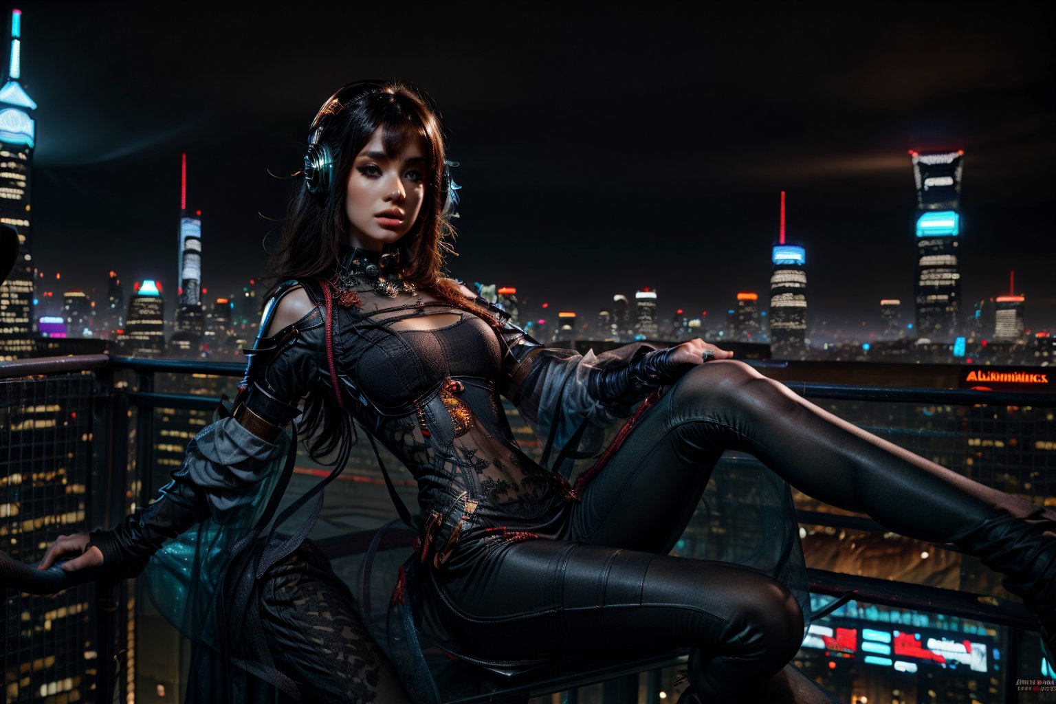 In this breathtaking 32k quality CG masterpiece, a stunning dark-haired beauty poses nude against the majestic backdrop of a futuristic crowded cyberpunk city, in a sleek futuristic highrise. Her full body and exotic features shine with HDR precision: piercing blue eyes, delicate facial structure, and alluring dimples. God rays and perfect shadows accentuate her curves, showcasing her firm, full breasts, and succulent derrière creating a sense of futuristic allure.  dramatic, detailed lighting.