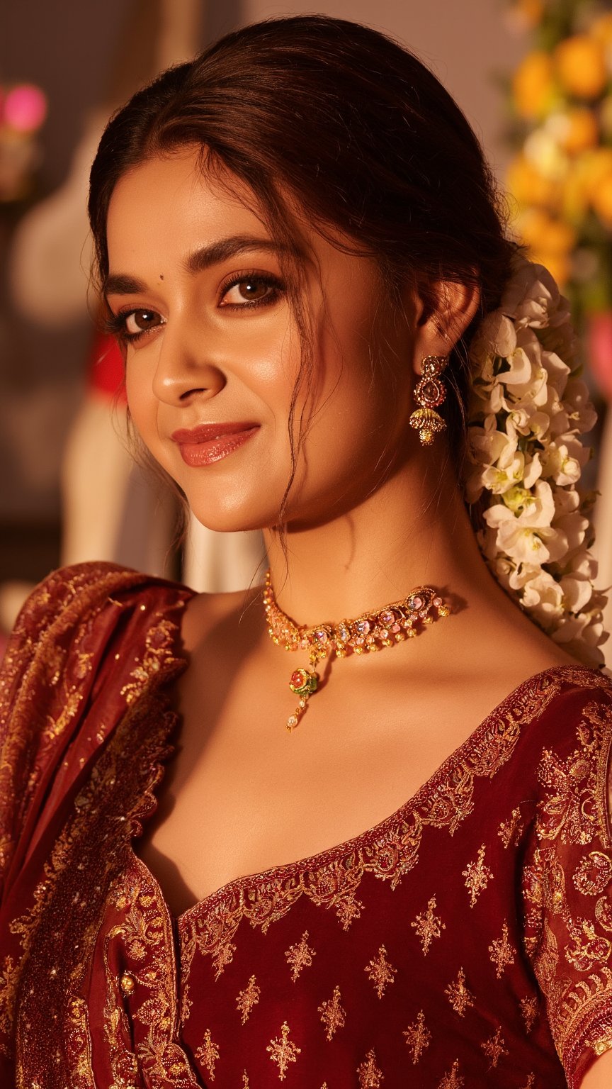 (Highest quality, Ultra HD, 16k, Masterpiece), A medium-close-up shot of Keerthy Suresh in a traditional Indian bridal outfit. The deep crimson lehenga is adorned with gold embroidery, and she wears intricate jewelry that sparkles in the warm, natural sunlight. Her hair is adorned with jasmine flowers, and her face glows with a serene smile, her eyes filled with a quiet confidence. The background features a blur of vibrant wedding decor, but the focus is on her radiant beauty, encapsulating a moment of timeless elegance.