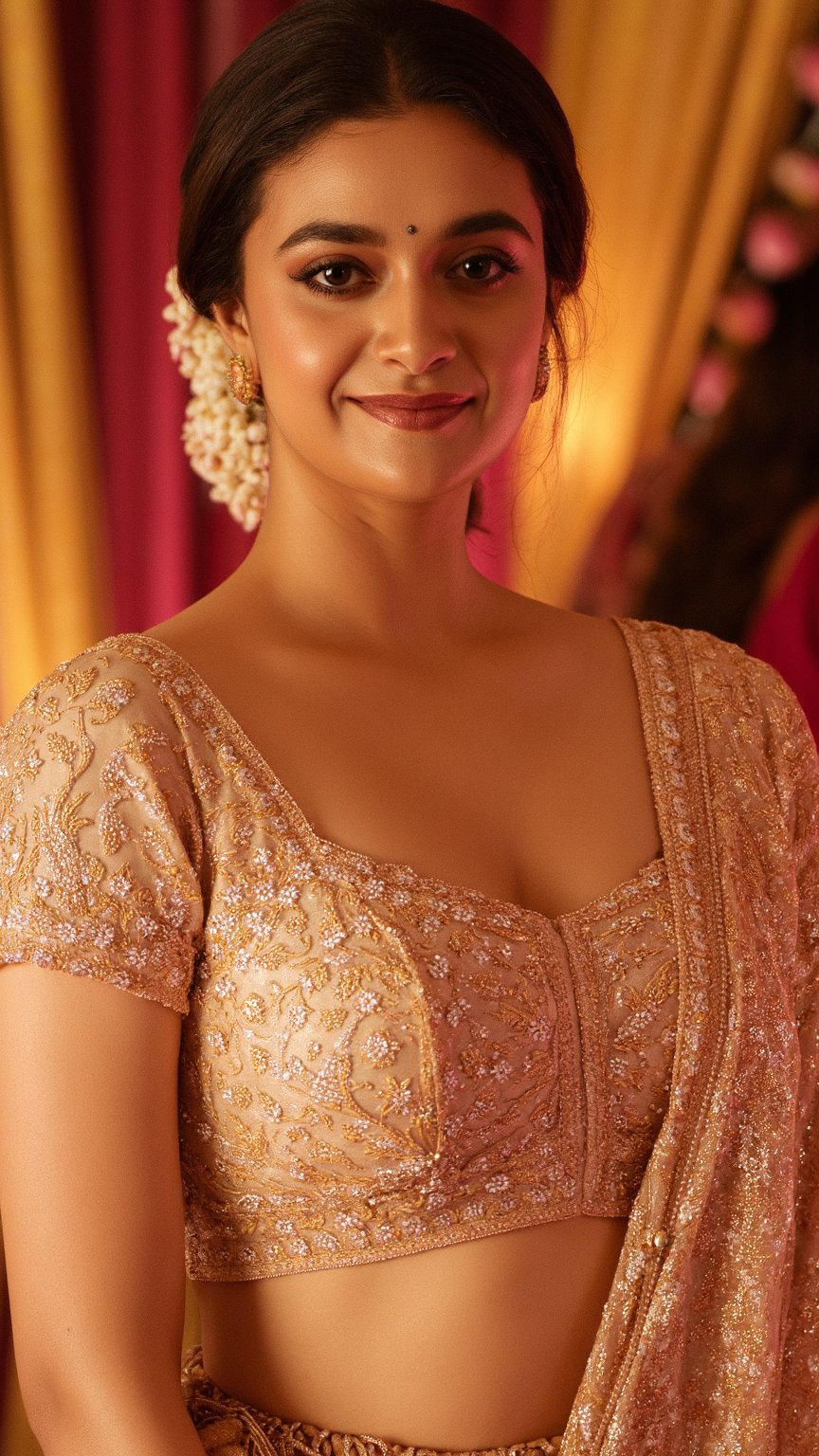 (Sharp focus, Ultra HD, 16k, Artistic composition): A medium-close-up shot of Keerthy Suresh in a traditional Indian blouse, intricately embroidered with golden patterns. The blouse showcases her navel and midriff, accentuating her graceful curves with a delicate, shimmering dupatta draped loosely over one shoulder. Her jewelry glistens in the soft, golden sunlight, while her waist is adorned with a gold chain that adds a touch of elegance. She wears a gentle smile, her eyes full of warmth and poise. The background softly blurs with vibrant wedding decor, while the focus remains on her radiant beauty, emphasizing the intricate details of her outfit