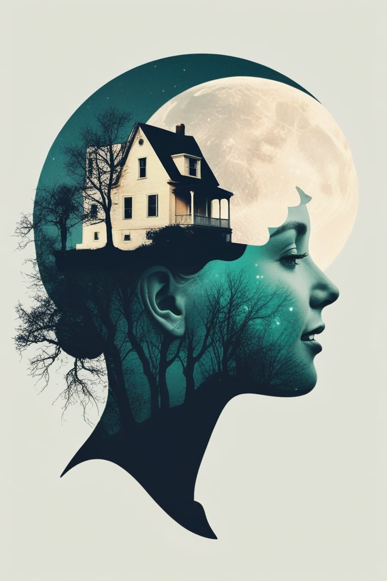 (Double exposure effect:1.5), style of Olly Moss, behance, minimalist, Cream Color background, woman's silhouette head, trees, haunting house in head, surrealism, wicked, smile, exoskeleton, side view, silhouette, moon, key visual, poster art, cosmic galaxy water, bright color