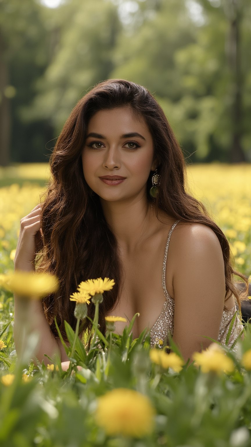 breathtaking fit woman, keerthy, big smile, long hair, hazel eyes, lightly tanned skin, wearing a gorgeous spaghetti strap dress, lying in a grass field full of dandelions, trees in the background, warm sunny day . award-winning, professional, highly detailed