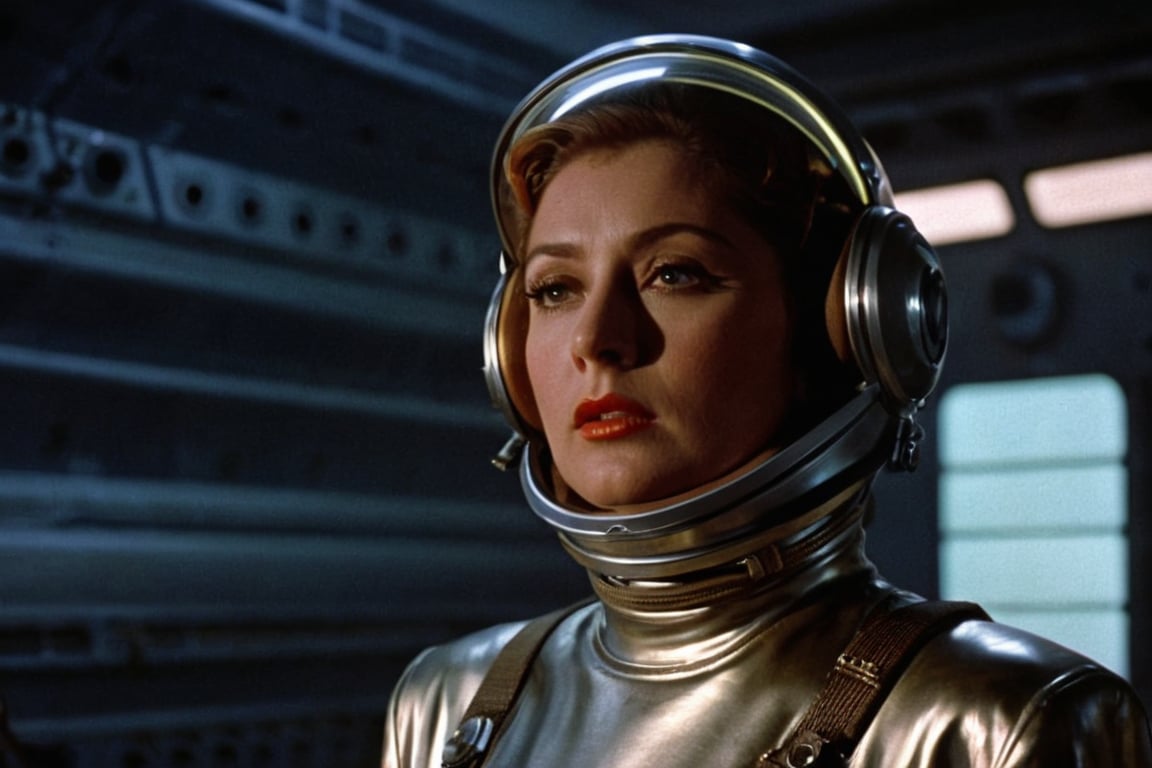 In this haunting film still,  Fritz Lang's protagonist stands strong within the dimly lit retro-futuristic spaceship. The...