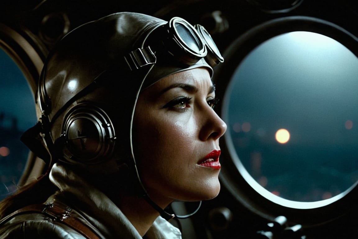 general view,  A cinematic masterpiece unfolds within the foggy retro-futuristic spaceship's dimly lit interior. Fritz Lan...