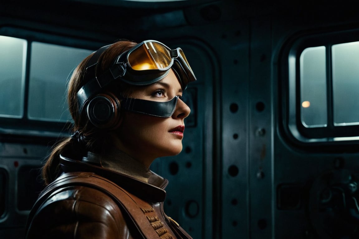 panoramic view,  an alien robot,  A cinematic masterpiece unfolds within the foggy retro-futuristic spaceship's dimly lit...