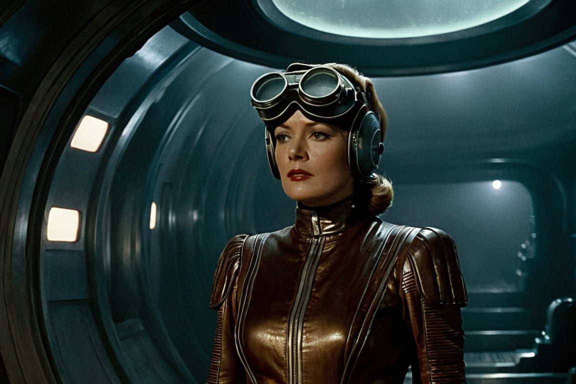 In a panoramic view of a retro-futuristic spaceship's dimly lit interior,  Fritz Lang's protagonist stands firm amidst fog...