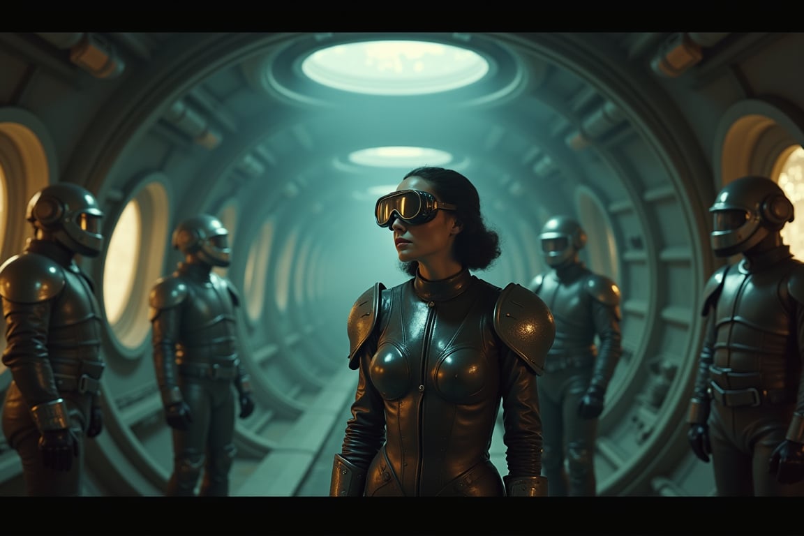 general view,  A cinematic masterpiece unfolds within the foggy retro-futuristic spaceship's dimly lit interior. Fritz Lan...