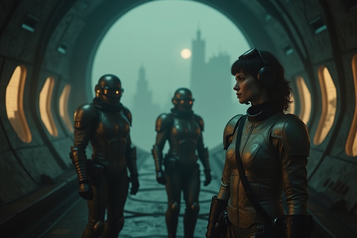 general view,  A cinematic masterpiece unfolds within the foggy retro-futuristic spaceship's dimly lit interior. Fritz Lan...