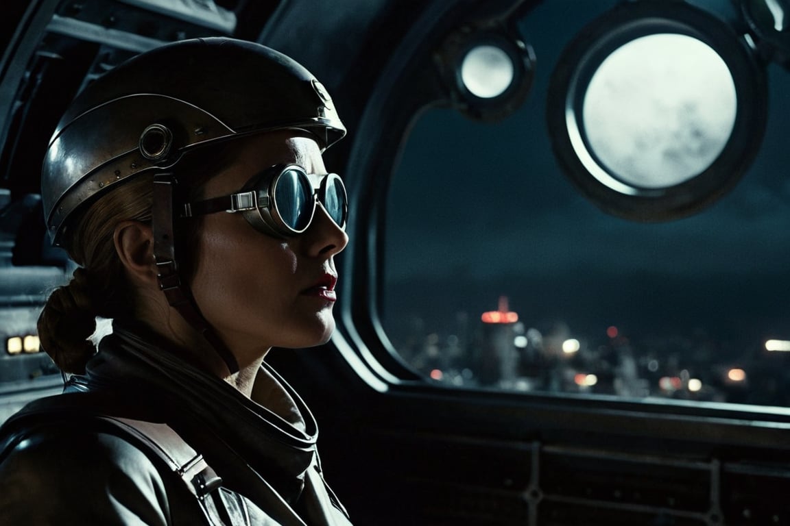 panoramic view,  an alien robot,  A cinematic masterpiece unfolds within the foggy retro-futuristic spaceship's dimly lit...