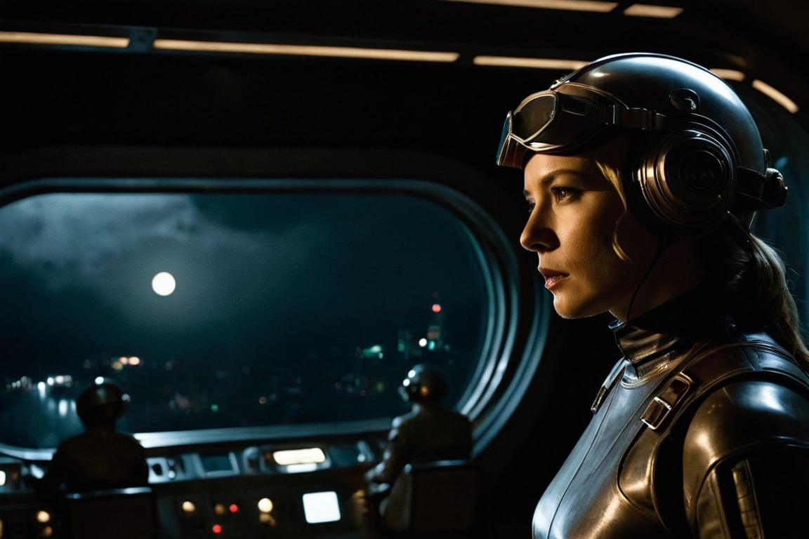 panoramic view,  an alien robot,  A cinematic masterpiece unfolds within the foggy retro-futuristic spaceship's dimly lit...