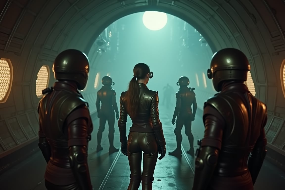 general view,  A cinematic masterpiece unfolds within the foggy retro-futuristic spaceship's dimly lit interior. Fritz Lan...