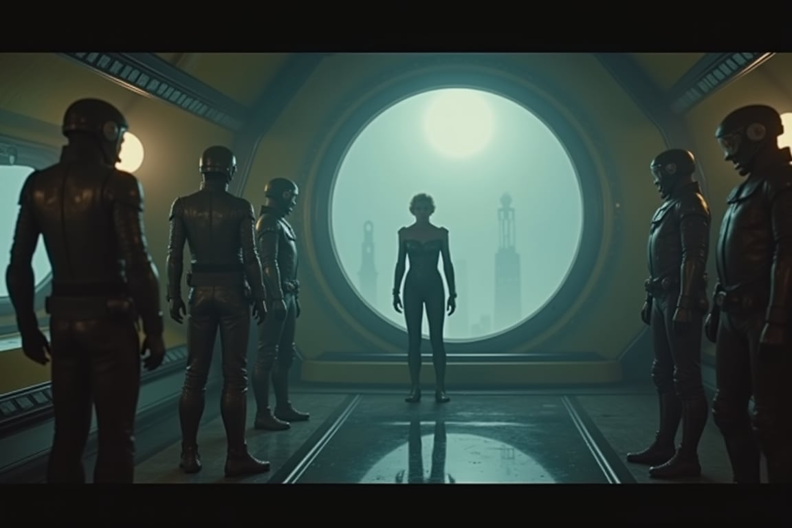 general view,  A cinematic masterpiece unfolds within the foggy retro-futuristic spaceship's dimly lit interior. Fritz Lan...