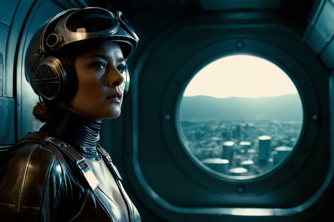 panoramic view,  an alien robot,  A cinematic masterpiece unfolds within the foggy retro-futuristic spaceship's dimly lit...