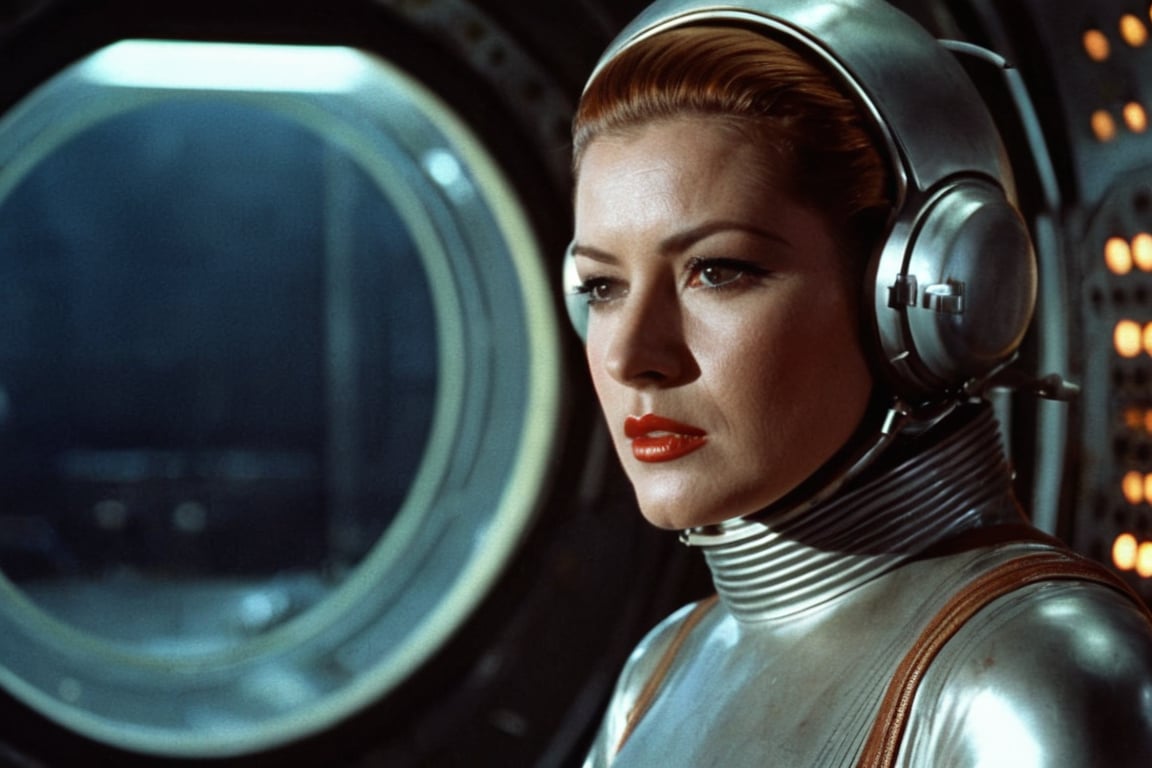 In this haunting film still,  Fritz Lang's protagonist stands strong within the dimly lit retro-futuristic spaceship. The...
