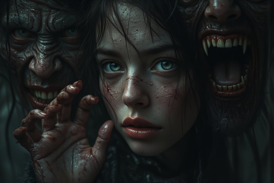 Imagen Hyper-realista de una sexy mujer de pie, grita, horror, monstruos, tentáculos, fantasmas, gritos, horror, atmósfera oscura, humo negro, sudor, sangre, contraste, surrealista. Una mujer muy sexy asustada llorando y gritando ,ojos muy abiertos de espanto, saca la mano como pidiendo ayuda intentando salir de la cacofonía de pesadilla que la rodea. Monstruos grotescos con fauces abiertas y miembros retorcidos gritan en silencio, con los rostros contorsionados de rabia. Tentáculos sombríos y espectros etéreos se arremolinan amenazadoramente alrededor de su cabeza. Imegen Hyperrealista 8K muy alta calidad y definicion.