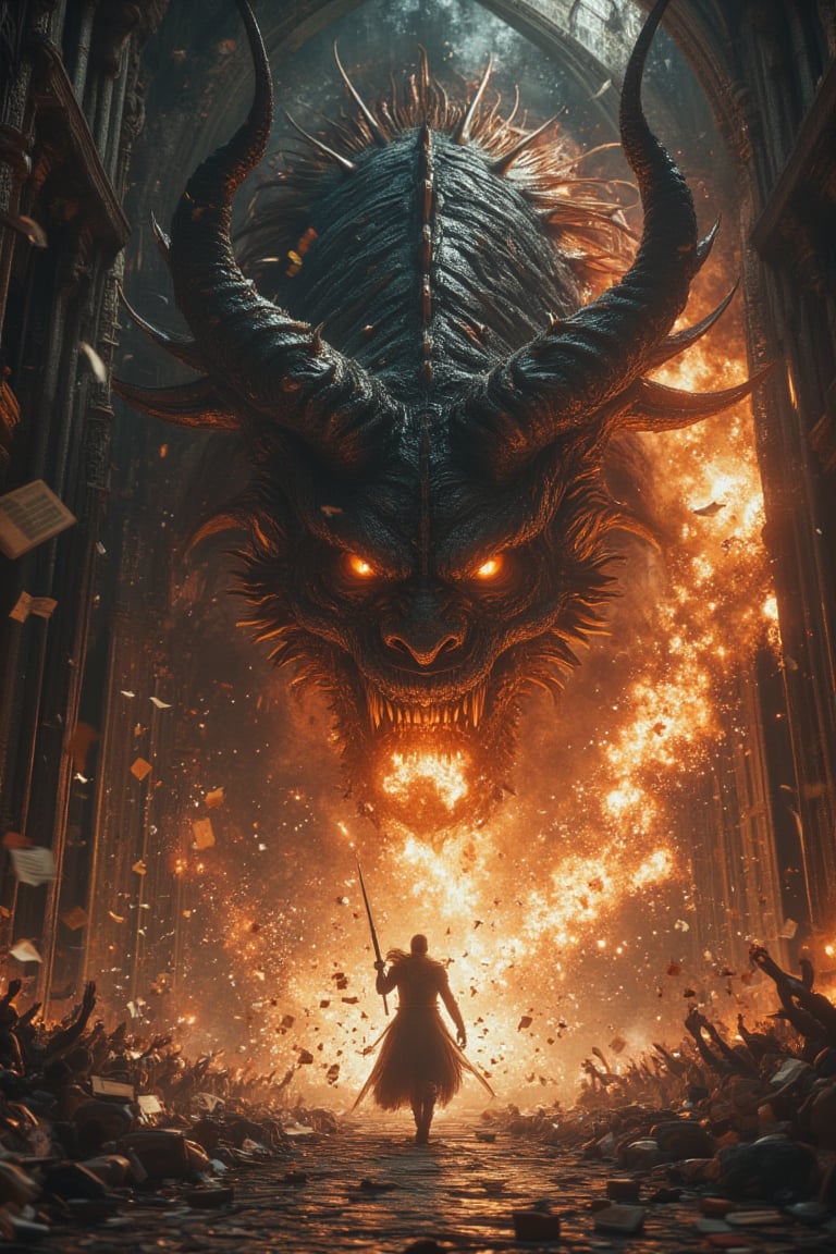 En una gran catedral gotica,  un hombre se encuentra en una feroz batalla contra un demonio gigantesco y amenazador que se...