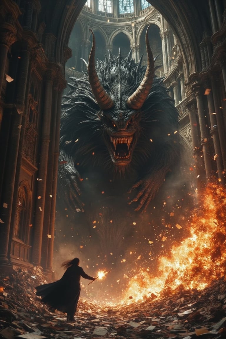 En una gran catedral gotica,  una mujer se encuentra en una feroz batalla contra un demonio retorcido de humo negro gigant...