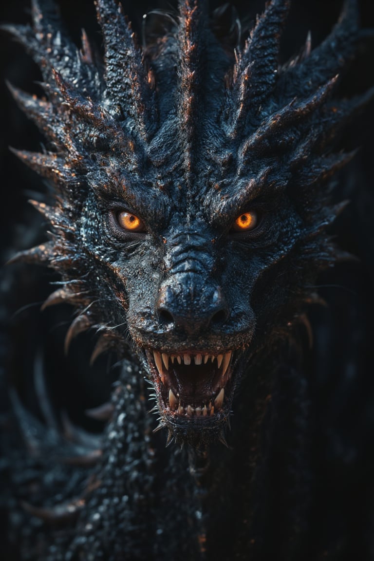 Un dragón completo negro con ojos rojos y dientes afilados está parado en la oscuridad., , alduin, Dragón negro, drogon, dragón con cicatrices, Un majestuoso dragón gótico, Dragón en el fondo fuego y llamas, dragón épico, cara de dragón, Dracónico,, , jormungandr