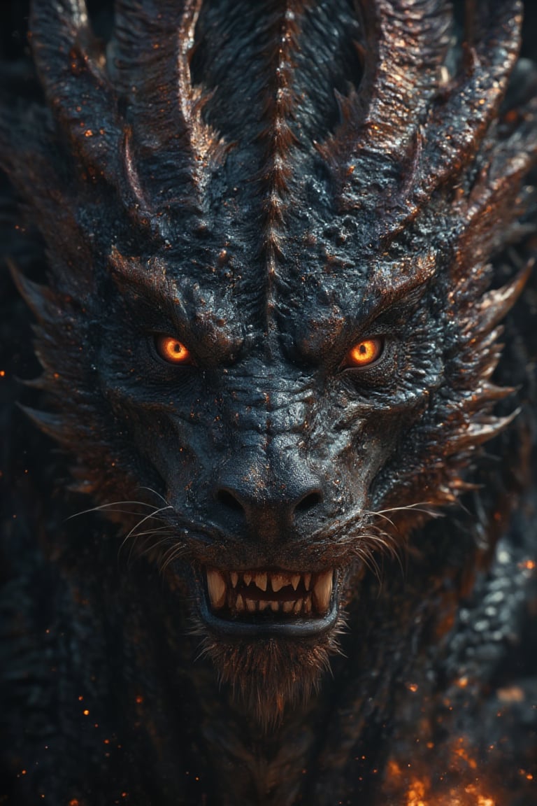 Un dragón con ojos rojos y dientes afilados está parado en la oscuridad., , alduin, Dragón negro, drogon, dragón con cicatrices, Un majestuoso dragón gótico, Dragón en el fondo fuego y llamas, dragón épico, cara de dragón, Dracónico,, retrato de un dragón, dragon, , jormungandr