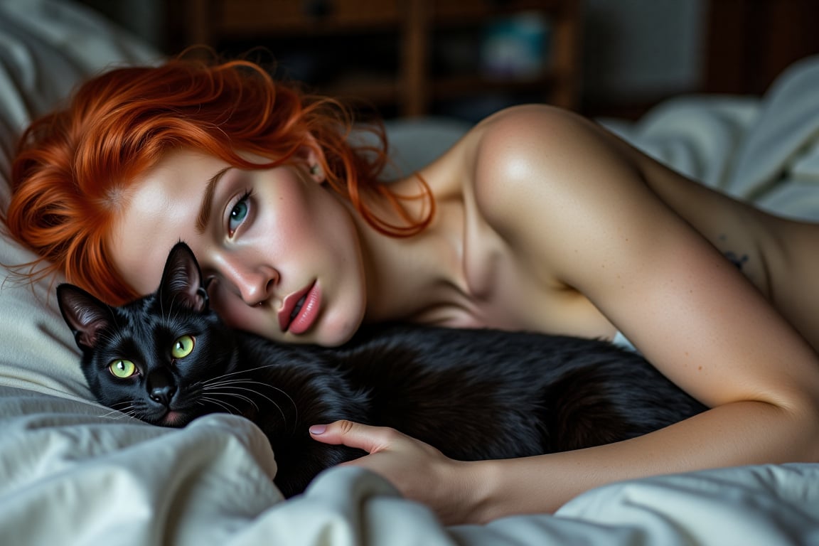 Una bella y sexy mujer RED HAIR desnuda, de cuerpo y cara perfectoas, curvas perfecyas y culo perfecto
La mujer esta recostada en la cama, sosteniento un bello gato negro de ojos verdes 
La mujer posa desnuda muy sensual y sexy, deja ver sus pezones
Imegen Hyper-realista 8K con todo los detalles HD de la IA
