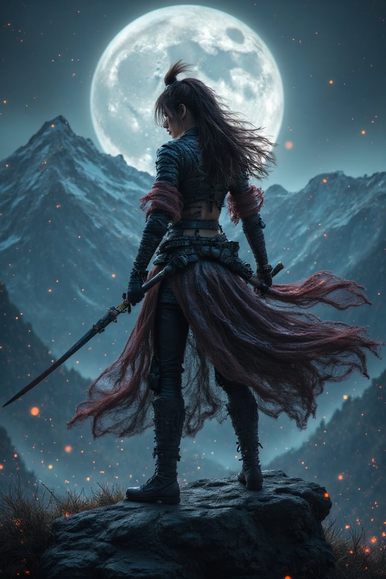 una mujer muy sexy de pie en la cima de una montaña con una espada, very beautiful cyberpunk samurai, la guerra nocturna se desata detrás de él, Gran composición cinematográfica, tendencia en CGSociety art, tendencia en artstation.', tendencia en CGSociety, [ tendencia en CGSociety ]!!, composición intrincada y épica, Beeple cinematográfico, Imagen Hyper-realista 8K