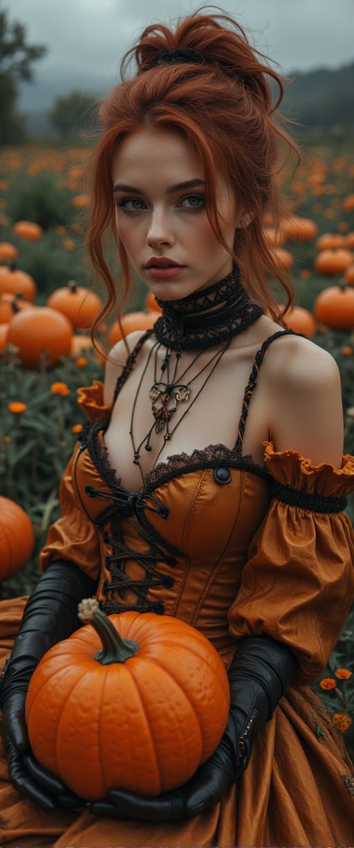 Fotografía artística de temática otoñal y fantasía, ambientada en un campo de calabazas. El elemento principal es una modelo en un elaborado vestuario de estilo victoriano/steampunk adaptado con elementos de Halloween:

Mujer joven de unos 20 años, ojos claros grandes, cuerpo y cara perfectos, muy sexy

Vestimenta principal:
- Corsé estructurado en tono melocotón/champagne con detalles de encaje y cordones negros
- Falda muy corta voluminosa con múltiples capas de tela y encaje en el mismo tono
- Mangas off-shoulder con volantes y detalles fruncidos
- Botas altas negras con cordones cruzados estilo romano

Elementos estéticos:
- Cabello rubio platino muy largo y ondulado con textura despeinada artística
- Maquillaje dramático pero elegante, enfatizando labios y ojos
- Pose estilizada sosteniendo una calabaza naranja

Ambientación:
- Campo de calabazas con ejemplares dispersos en el suelo
- Flores silvestres naranjas (posiblemente caléndulas) en el entorno
- Cielo nublado que crea una atmósfera etérea
- Tonalidad general cálida con predominio de naranjas y melocotón
- Profundidad de campo que desenfoca suavemente el fondo

Iluminación:
- Suave y difusa, típica de día nublado
- Realza los detalles del vestuario y la textura del cabello
- Crea un ambiente onírico y romántico

Estilo fotográfico:
- Alta calidad técnica con nitidez en los detalles principales
- Edición que enfatiza los tonos cálidos y la atmósfera otoñal
- Composición que centra la atención en la modelo mientras integra elementos ambientales