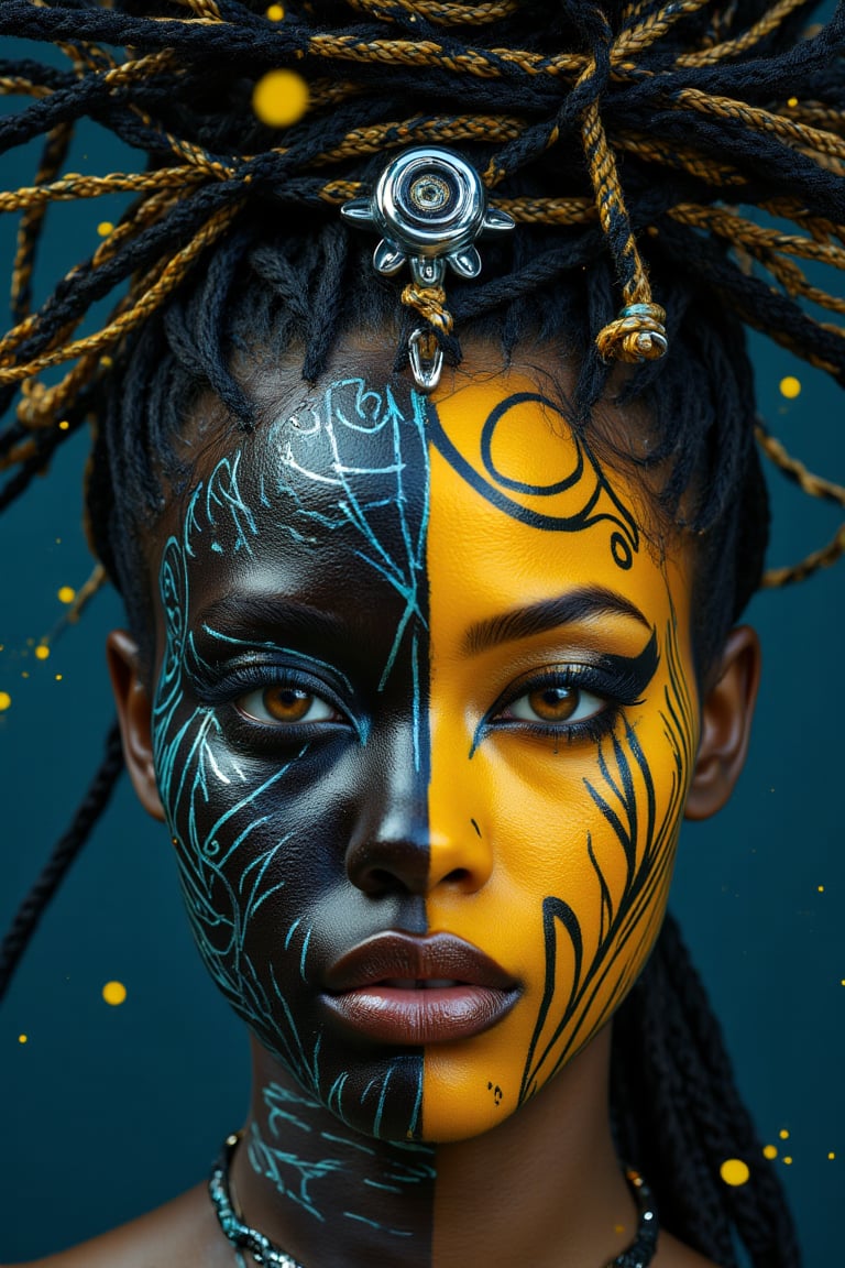 Portrait of a flirtatious and futuristic woman, improved cybernetic mind, split face design with one side painted deep black and the other bright yellow, intricate organic lines that resemble the neural pathways on the black side, bold circular tribal patterns on the yellow side, intense and focused eyes, intricate braided and crazy crowned hair on top, elegant chrome cyber implant embedded in the skin, mechanical details intertwined with its natural form, deep bluish look background with splashes of yellow, vibrant lighting, cyberpunk tribal fusion aesthetics, high contrast, hyper-detailed, dramatic and intense atmosphere. --ar 9:16 --style raw --v 6.1
