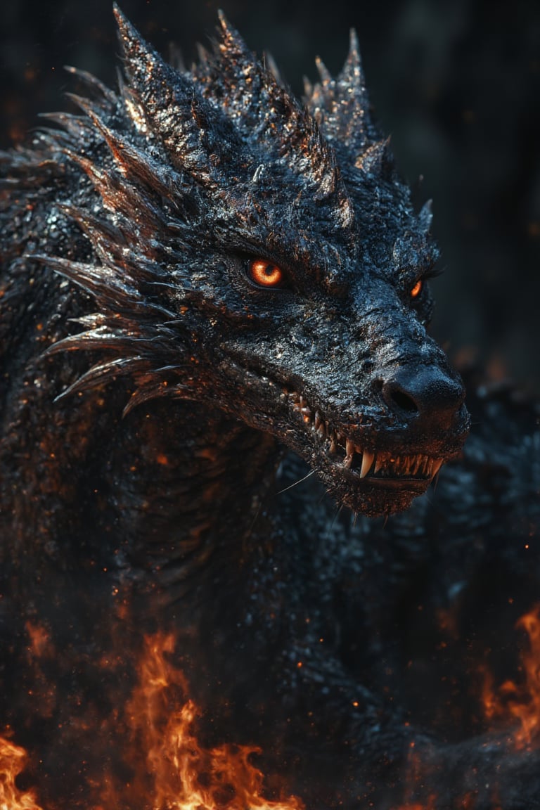 Un dragón de cuerpo completo negro con ojos rojos y dientes afilados está parado en la oscuridad., , alduin, Dragón negro, drogon, dragón con cicatrices, Un majestuoso dragón gótico, Dragón en el fondo fuego y llamas, dragón épico, Dracónico,, , jormungandr