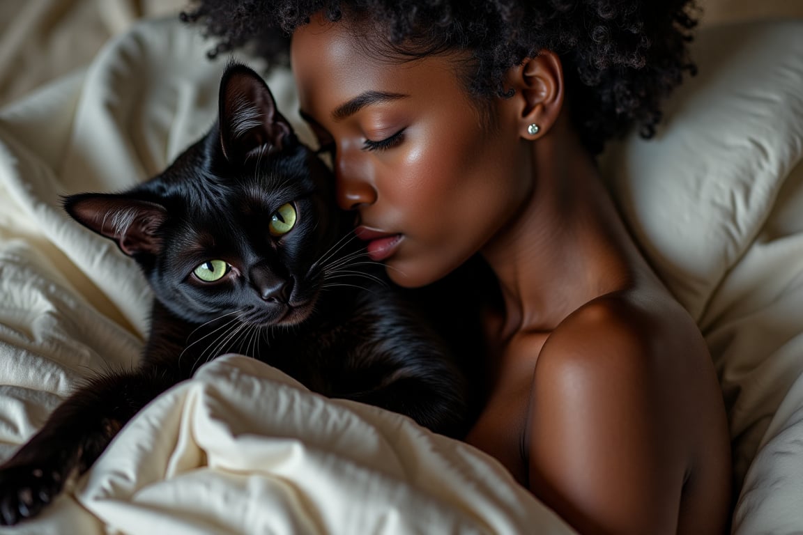 Una bella y sexy mujer AFRICAN desnuda, de cuerpo y cara perfectoas, curvas perfecyas y culo perfecto
La mujer esta recostada en la cama, sosteniento un bello gato negro de ojos verdes 
La mujer posa desnuda muy sensual y sexy, deja ver sus pezones
Imegen Hyper-realista 8K con todo los detalles HD de la IA
