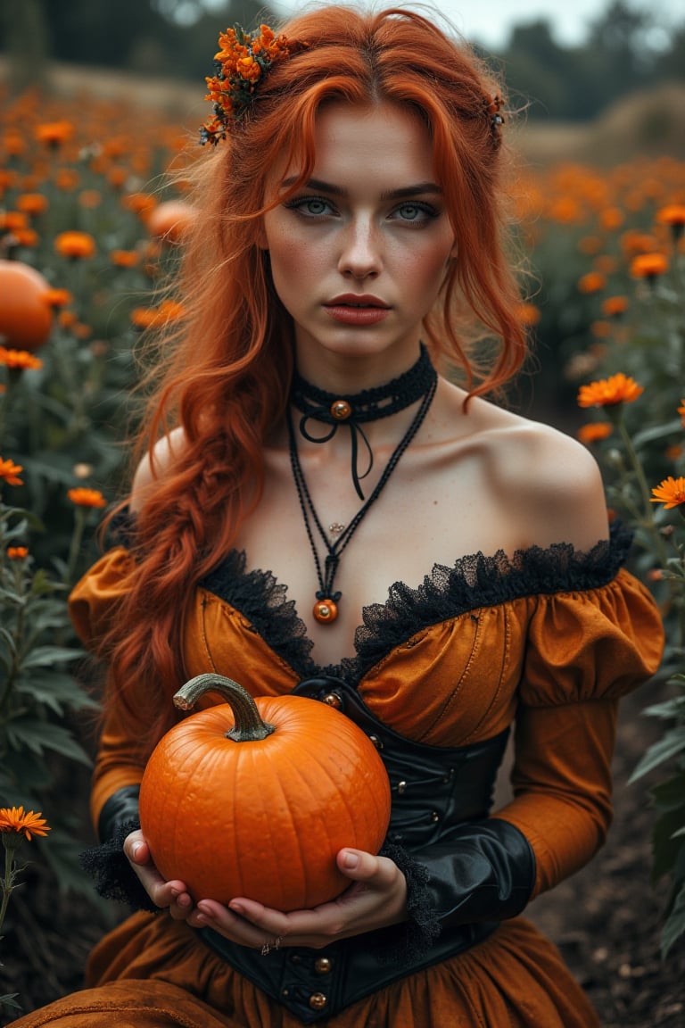 Fotografía artística de temática otoñal y fantasía, ambientada en un campo de calabazas. El elemento principal es una modelo en un elaborado vestuario de estilo victoriano/steampunk adaptado con elementos de Halloween:

Mujer joven de unos 20 años, ojos claros grandes, cuerpo y cara perfectos, muy sexy

Vestimenta principal:
- Corsé estructurado en tono melocotón/champagne con detalles de encaje y cordones negros
- Falda muy corta voluminosa con múltiples capas de tela y encaje en el mismo tono
- Mangas off-shoulder con volantes y detalles fruncidos
- Botas altas negras con cordones cruzados estilo romano

Elementos estéticos:
- Cabello rubio platino muy largo y ondulado con textura despeinada artística
- Maquillaje dramático pero elegante, enfatizando labios y ojos
- Pose estilizada sosteniendo una calabaza naranja

Ambientación:
- Campo de calabazas con ejemplares dispersos en el suelo
- Flores silvestres naranjas (posiblemente caléndulas) en el entorno
- Cielo nublado que crea una atmósfera etérea
- Tonalidad general cálida con predominio de naranjas y melocotón
- Profundidad de campo que desenfoca suavemente el fondo

Iluminación:
- Suave y difusa, típica de día nublado
- Realza los detalles del vestuario y la textura del cabello
- Crea un ambiente onírico y romántico

Estilo fotográfico:
- Alta calidad técnica con nitidez en los detalles principales
- Edición que enfatiza los tonos cálidos y la atmósfera otoñal
- Composición que centra la atención en la modelo mientras integra elementos ambientales