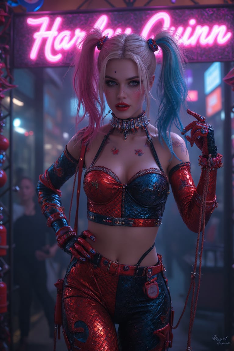 imagen completa de Harley Quinn muy sexy con los colores y logotipo de publicidad de la marca "Pepsi", al fondo un cartel de la misma marca y un letrero de neon con el texto "Riky.IA" Imagen Hyper-realista (k con altos detalles de IA
