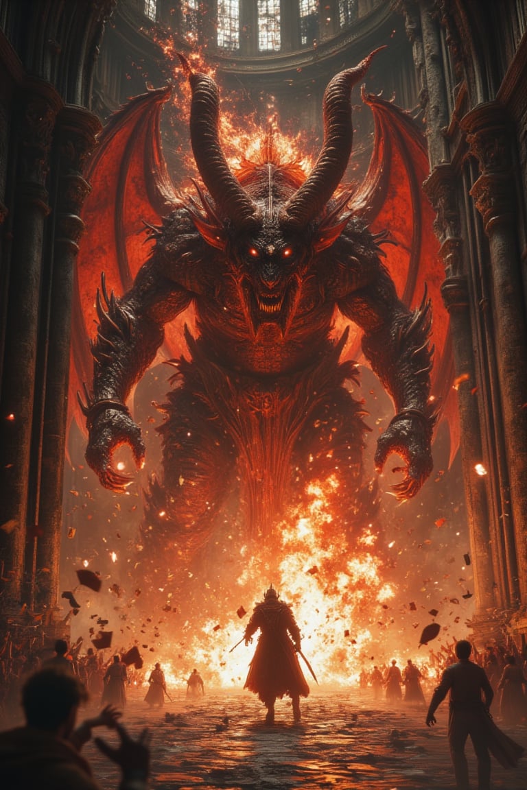 En una gran catedral gotica,  un hombre se encuentra en una feroz batalla contra un demonio rojo gigantesco y amenazador q...